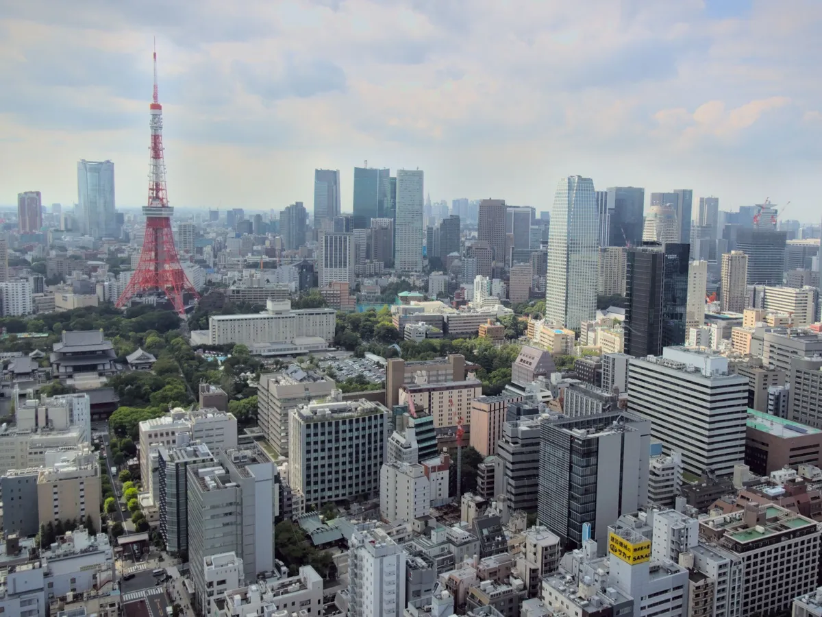 As the name of the Observatory suggests, it does offer a great view of the sea and wharf area. 
For this picture I was facing in the opposite direction, direcly towards Shibuya, to capture Tokyo Tower in all of its daylight glory. 
Below Tokyo Tower you can see Shibakōen or Shiba Park. 
In the bottom right is Shibadaimon, a district of Minato City.