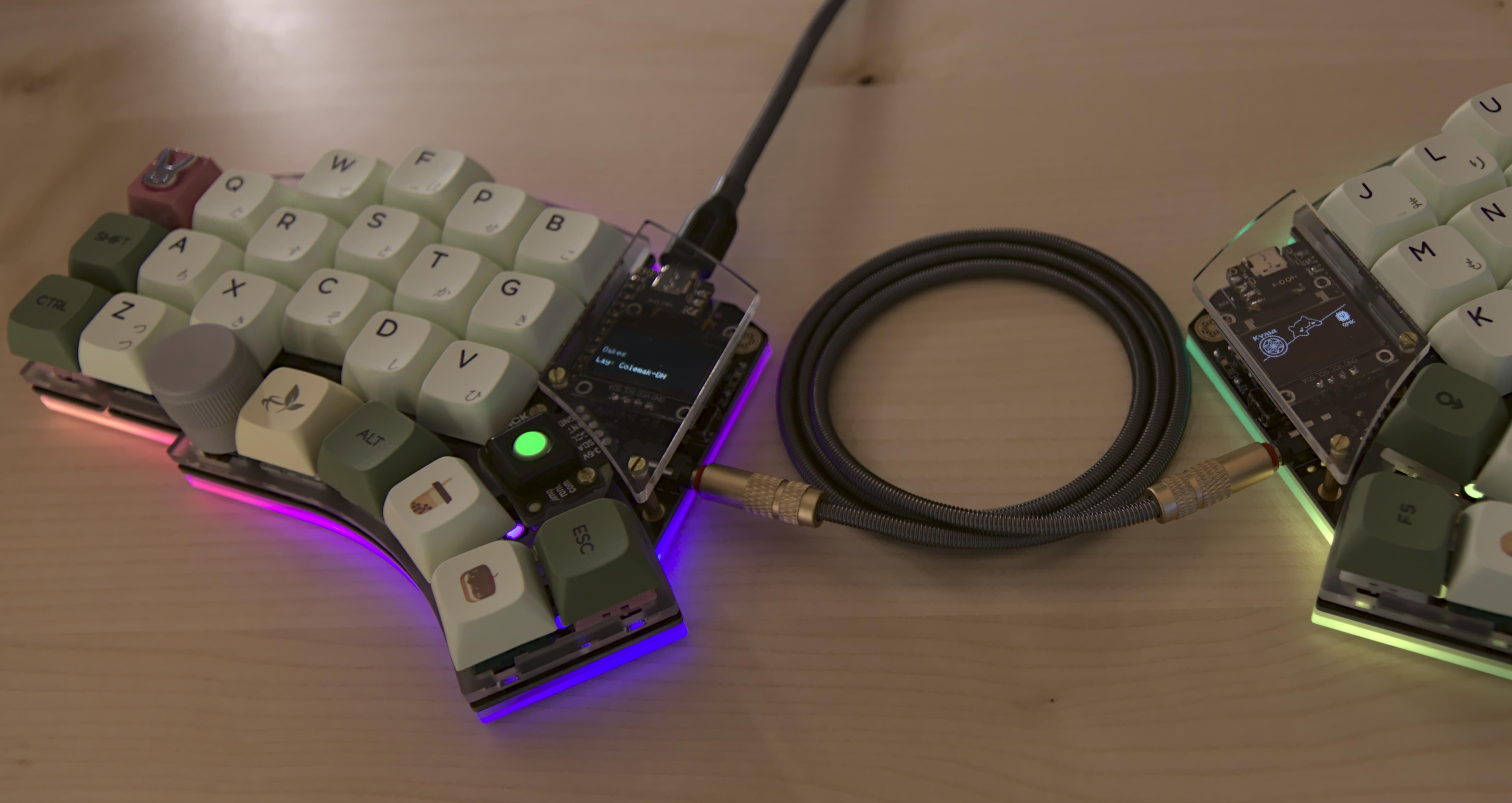 A split ergonomical keyboard, which uses column stagger with green keycaps and RGB underglow.