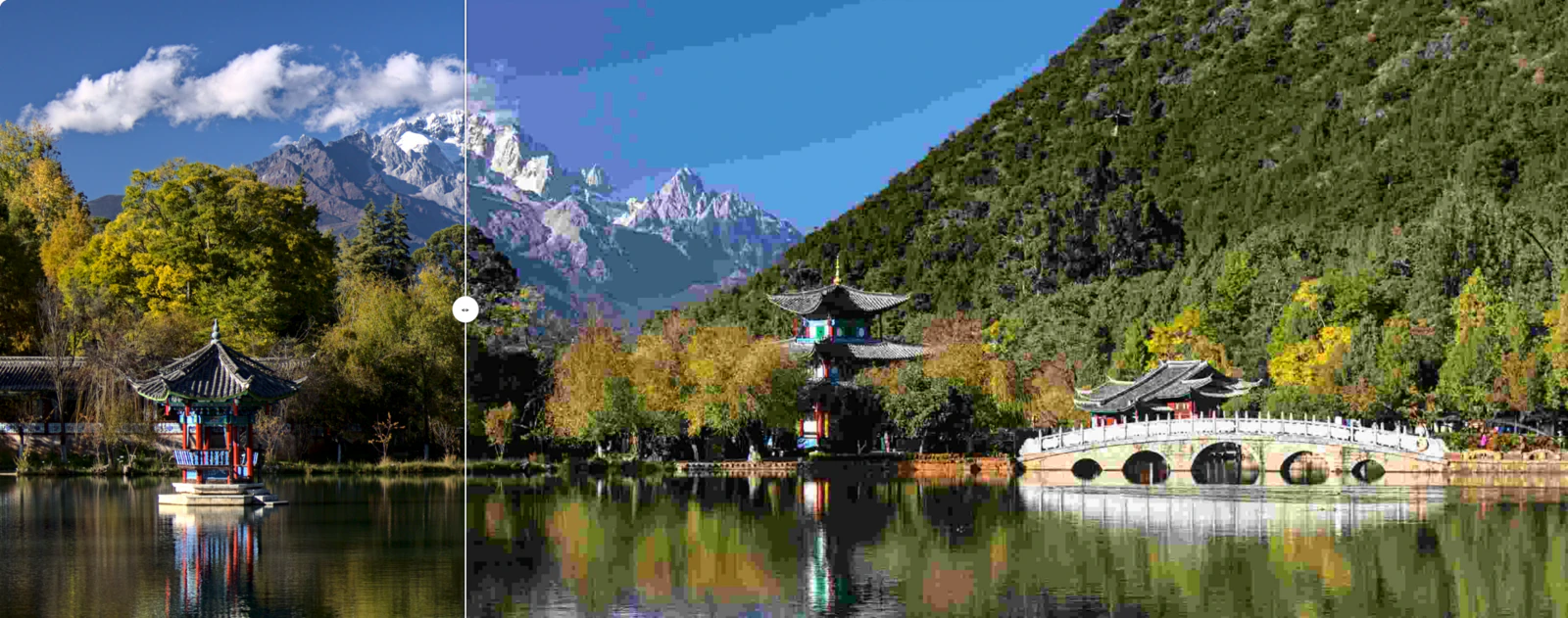 Slider comparison of a good and a heavily compressed version of the Black Dragon Pool in Lijiang