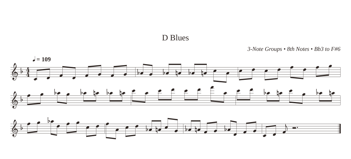 Pocetude notation preview of a D blues exercise in 3-note groups as sheet music